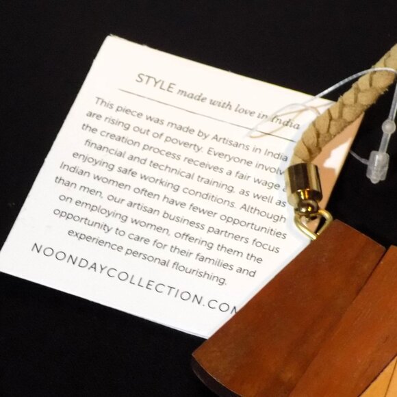 New Noonday Boho Wood Slat Necklace, Adjustable Braided Cord. Made in India - Picture 4 of 5